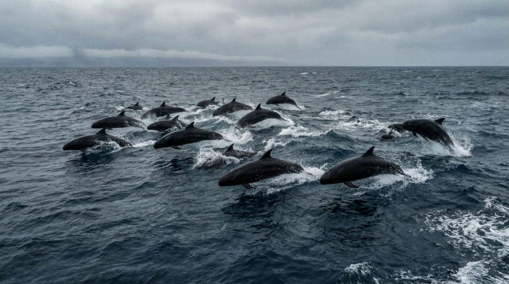 Groupe de fausses orques nageant à grande vitesse en pleine mer.