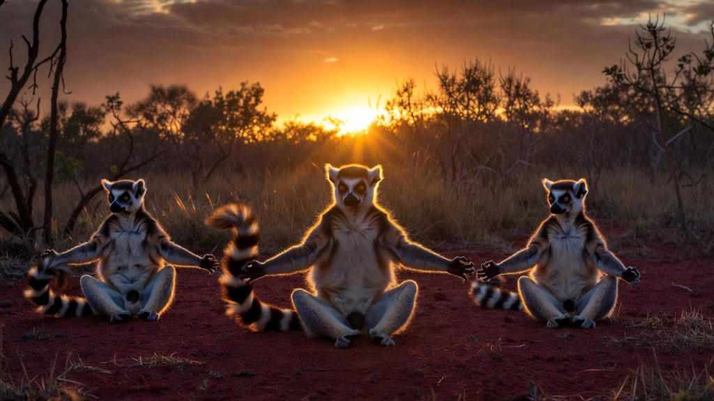 Groupe de lémurs catta en position du lotus prenant un bain de soleil