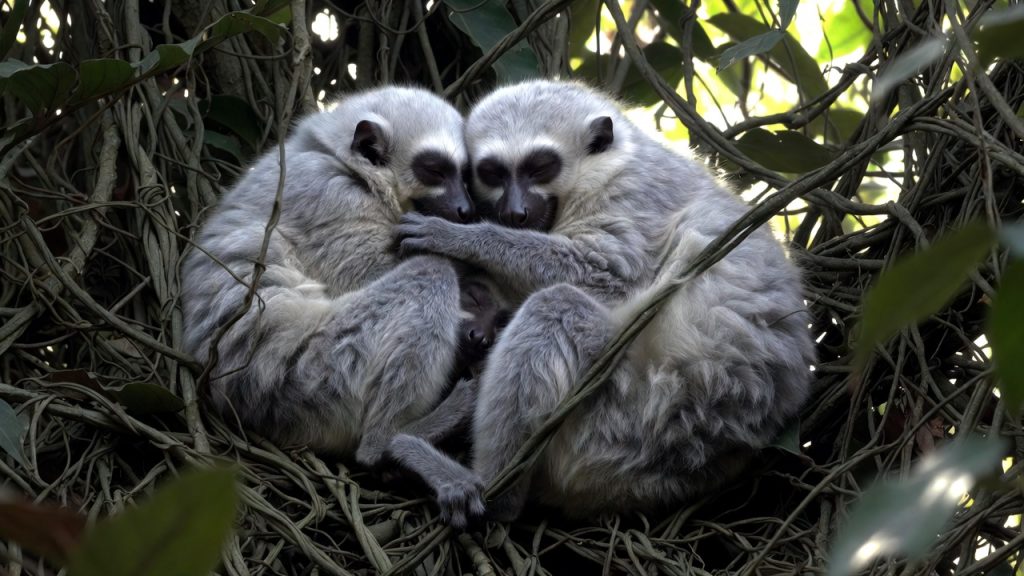 Groupe de trois loris minces gris dormant en boule enchevêtrée