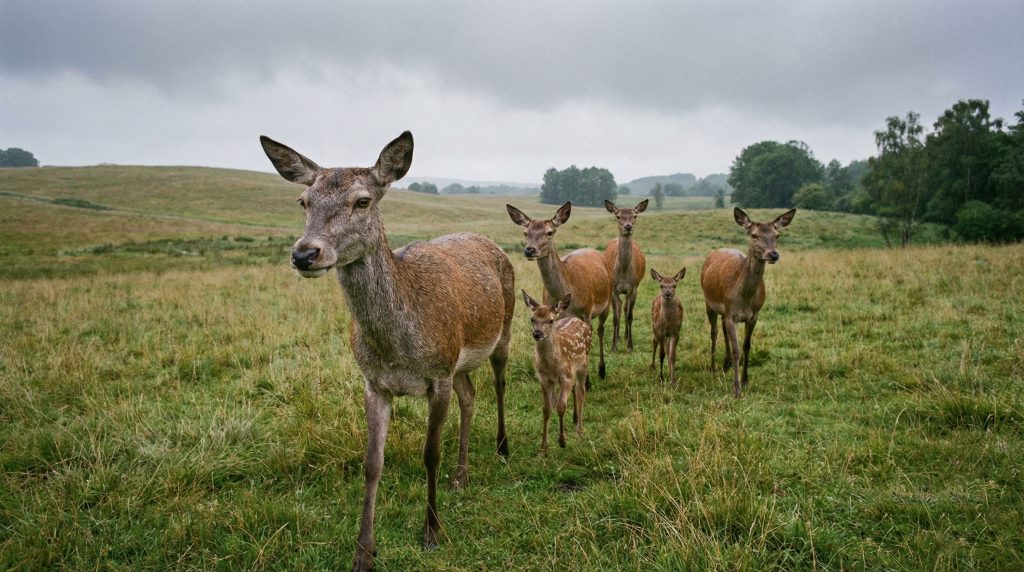 Harde matriarcale de biches et de faons marchant dans une prairie