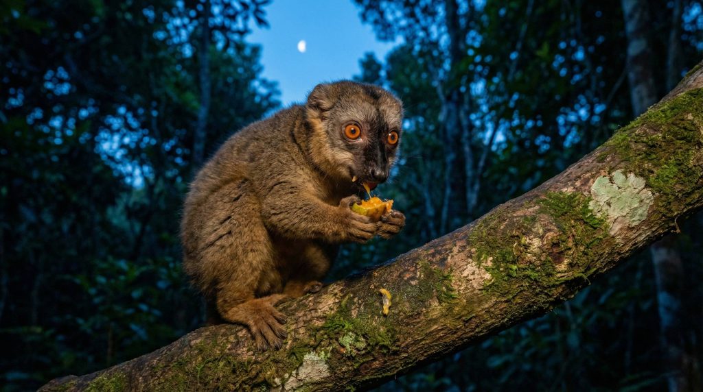 Lémur fauve actif au crépuscule, mangeant un fruit sur une branche
