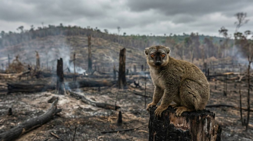 Lémur fauve isolé observant une forêt malgache détruite par la culture sur brûlis.
