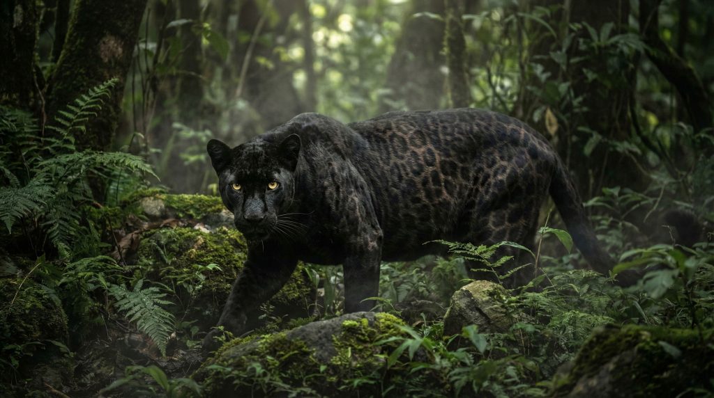 Léopard mélanique (panthère noire) caché dans la jungle dense, avec des rosettes fantômes visibles sous la lumière