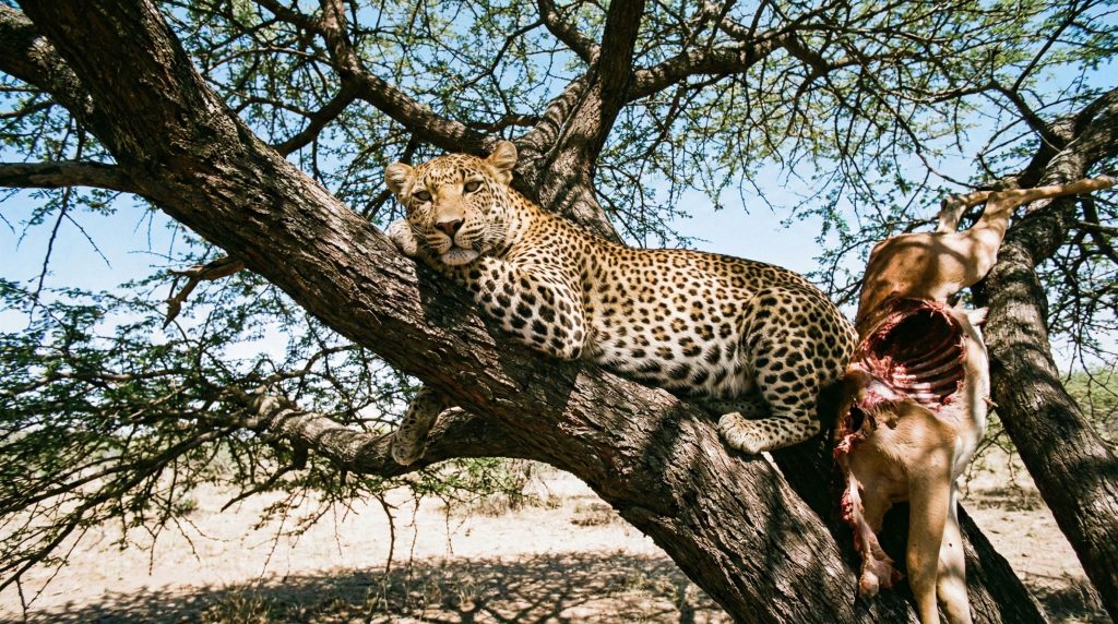 Léopard se reposant dans un acacia à côté de sa proie hissée sur une branche