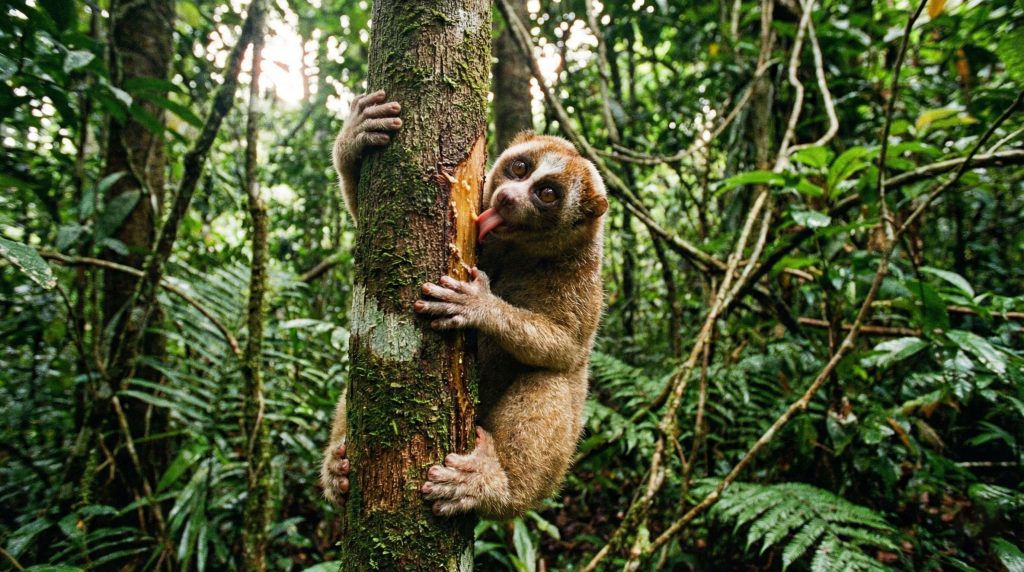 Loris lent du Bengale accroché à un tronc, léchant la sève de l'arbre