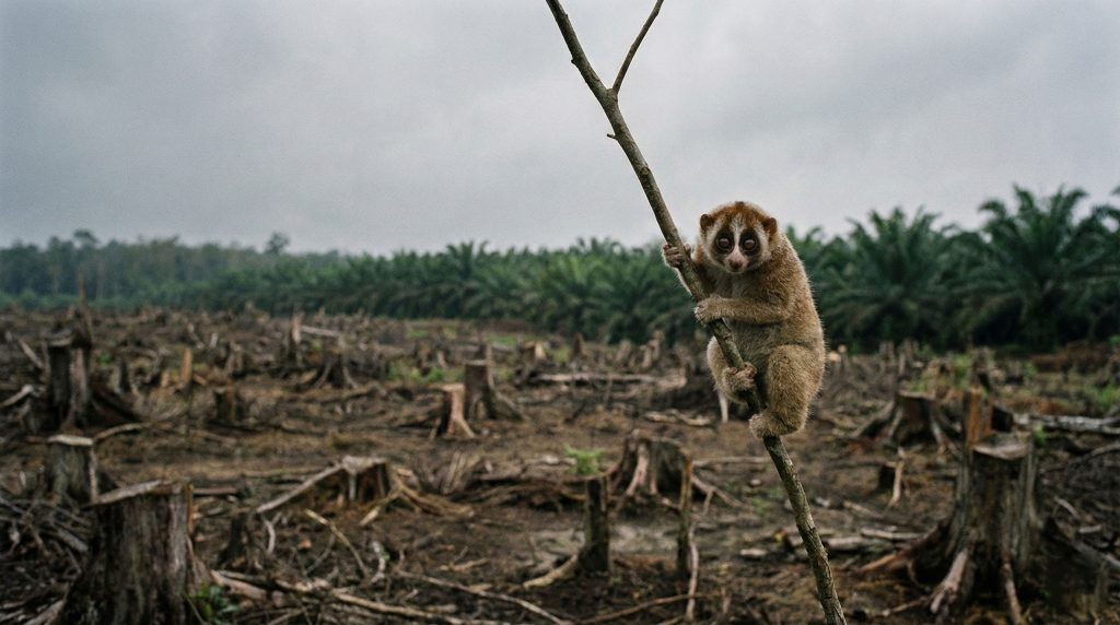 Loris lent du Bengale isolé sur une branche devant une zone de forêt rasée