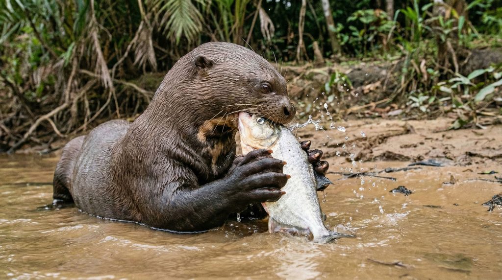 Loutre géante mangeant un poisson maintenu entre ses pattes avant palmées.