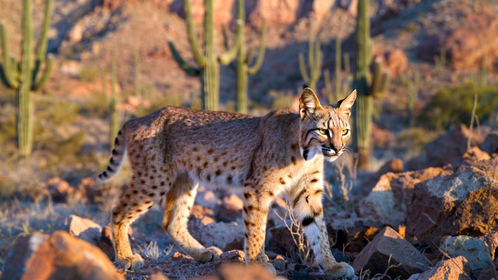Lynx roux marchant dans un désert rocheux d'Arizona.