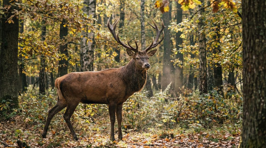 Mâle adulte cerf élaphe avec de grands bois ramifiés en lisière de forêt