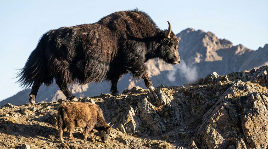 Mâle yack sauvage massif de profil, montrant sa bosse musculaire et sa grande taille.