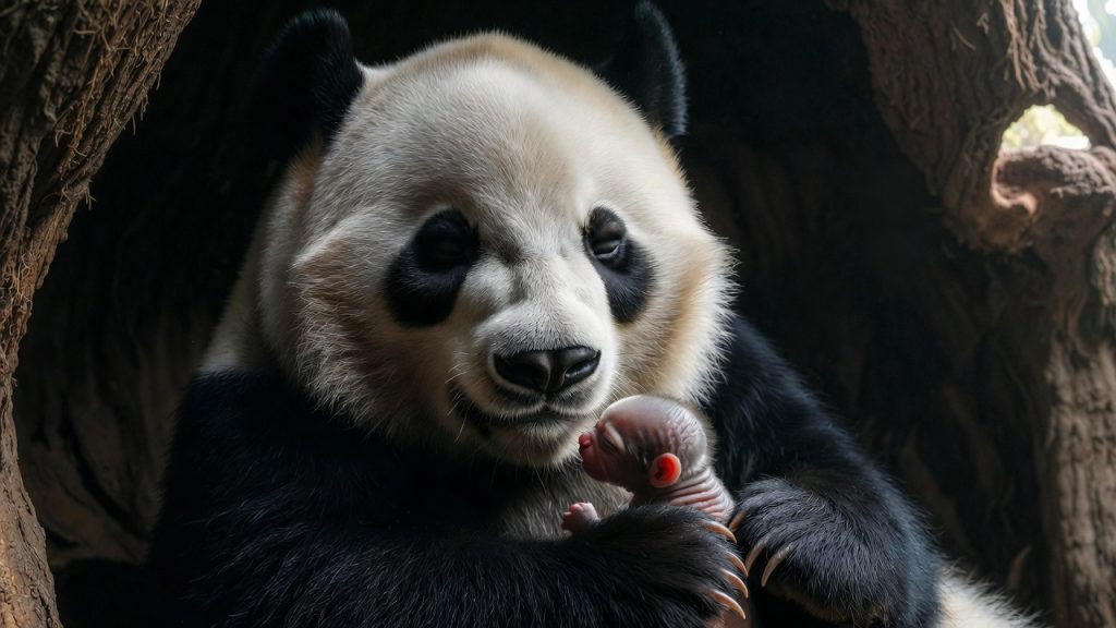Mère panda géant tenant son minuscule petit nouveau-né rose.