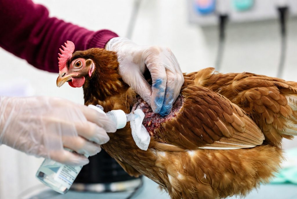 Nettoyage plaie poule blessée avec sérum physiologique et gants de protection