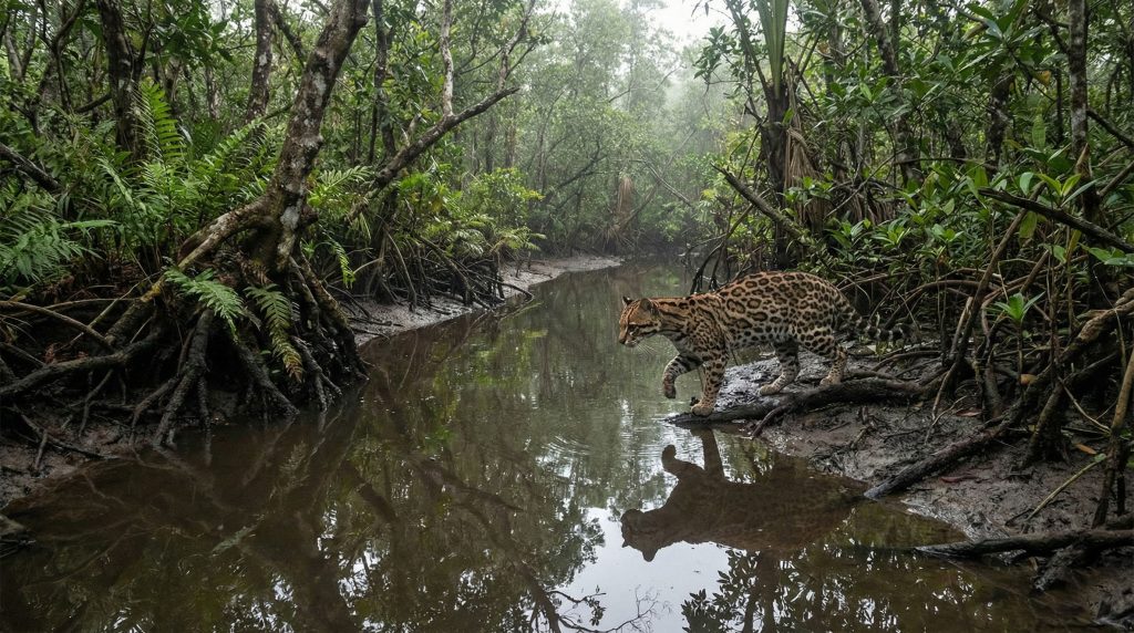 Ocelot au bord d'une rivière boueuse dans une mangrove d'Amérique centrale