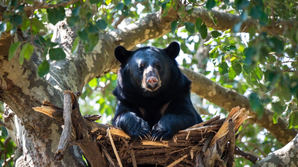 Ours à collier perché dans un arbre sur un nid de branches