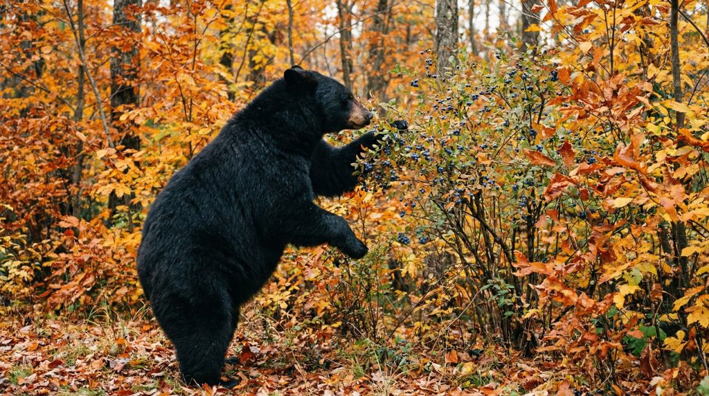 Ours noir américain se nourrissant de baies sauvages en automne