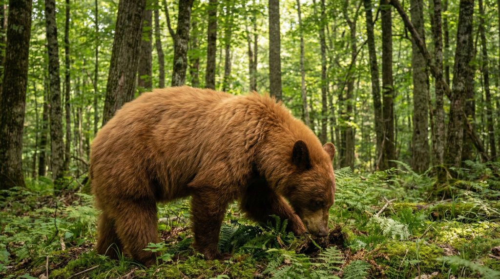 Ours noir américain de phase "cannelle" cherchant sa nourriture en forêt
