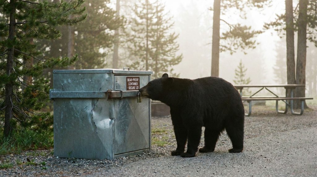 Ours noir inspectant une poubelle sécurisée "anti-ours" près d'un campement en forêt.