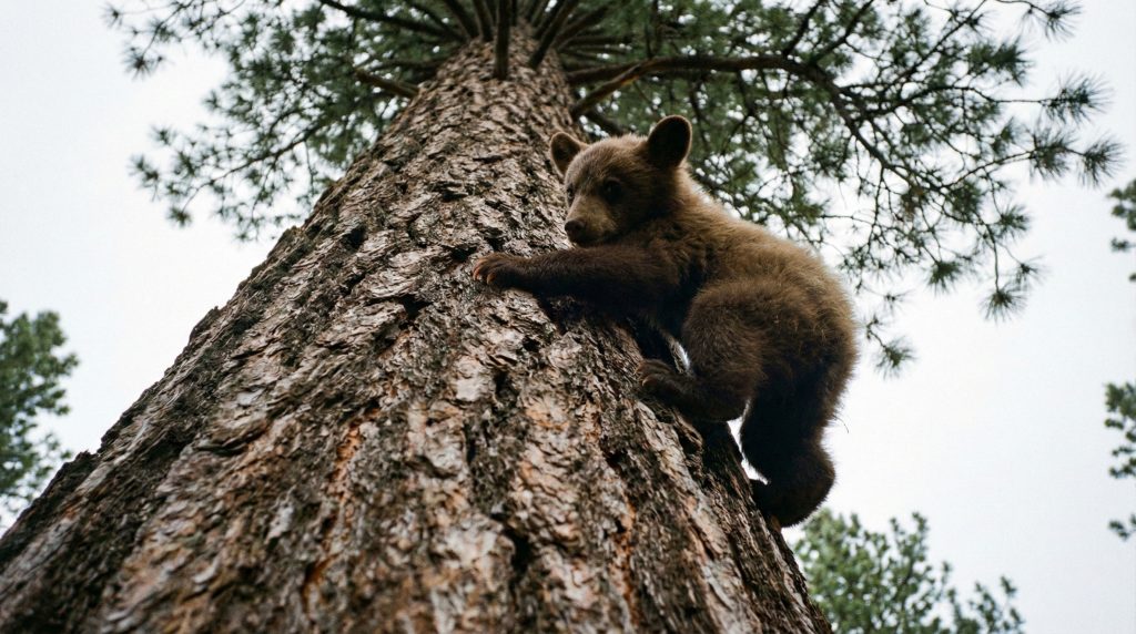Ourson noir grimpant au tronc d'un pin grâce à ses courtes griffes arquées.