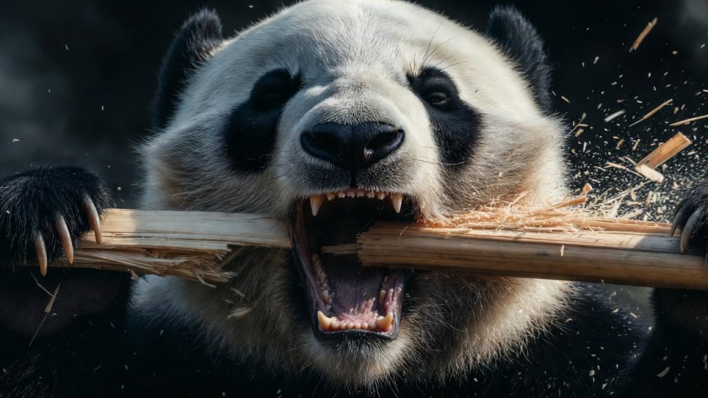 Panda géant broyant une tige de bambou avec ses puissantes molaires