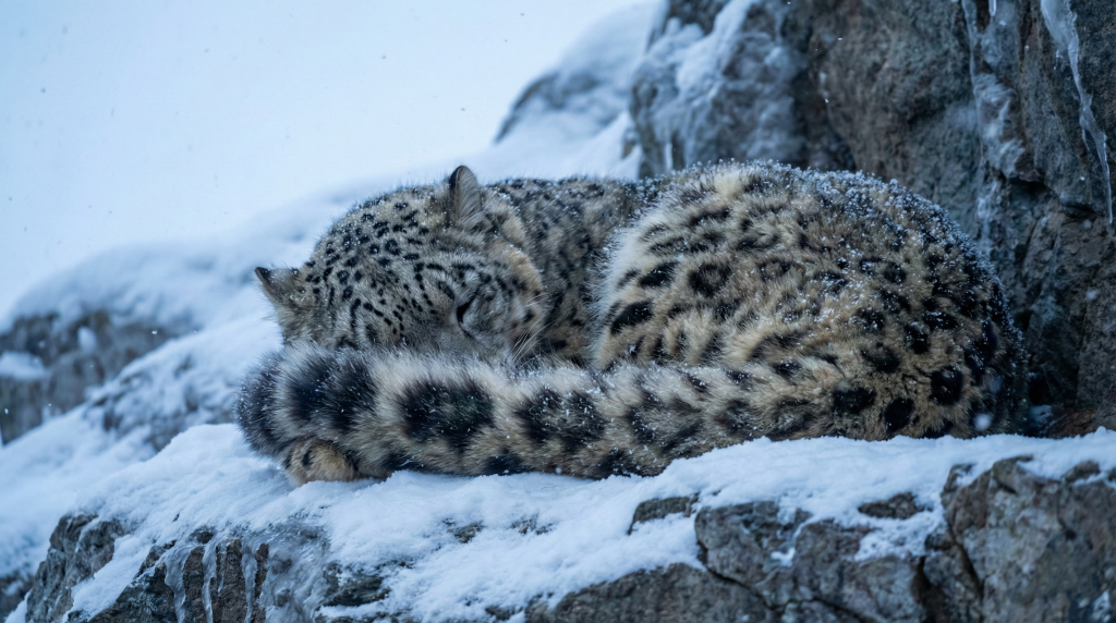 Panthère des neiges endormie, utilisant sa queue comme écharpe pour se protéger du froid.
