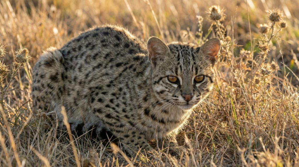 Portrait d'un Chat de Geoffroy montrant son pelage à petites taches noires pleines dans la pampa.
