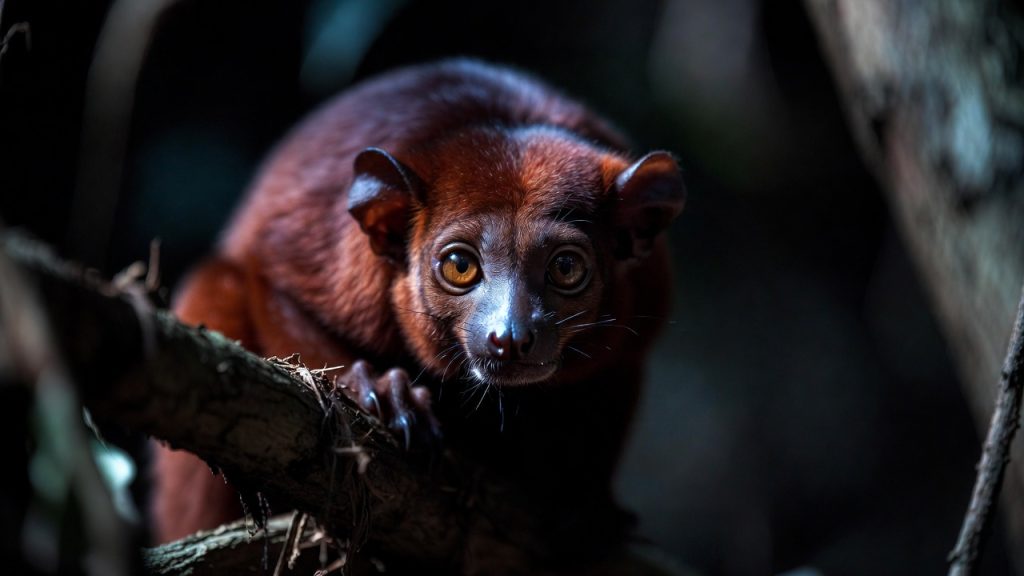 Portrait nocturne d'un Loris lent de Bangka au pelage rougeâtre.
