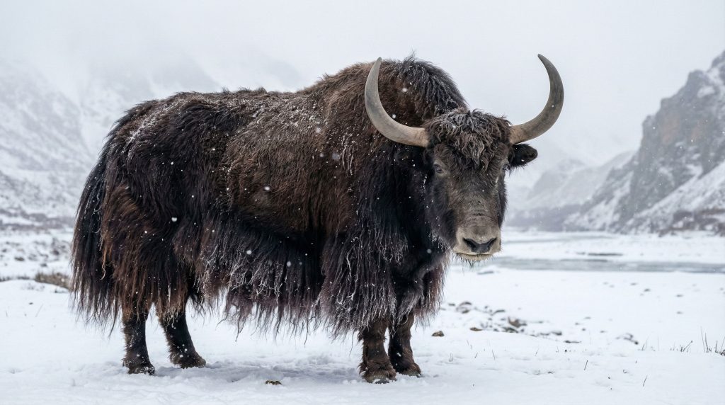 Portrait d'un yack sauvage dans la neige, mettant en évidence son épaisse jupe de poils isolants.