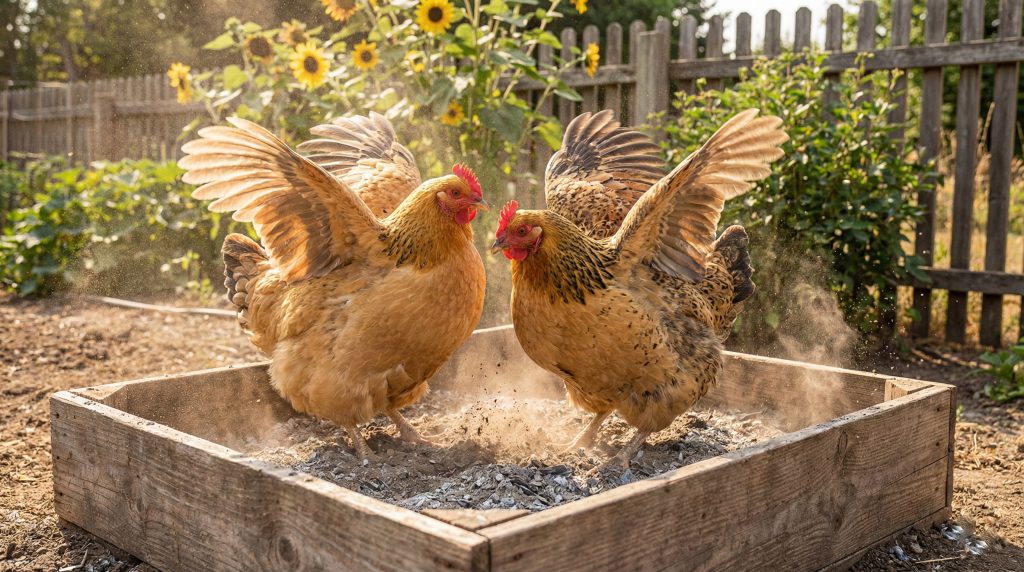 Poules prenant un bain de poussière dans de la terre et des cendres pour se protéger naturellement des poux de poule