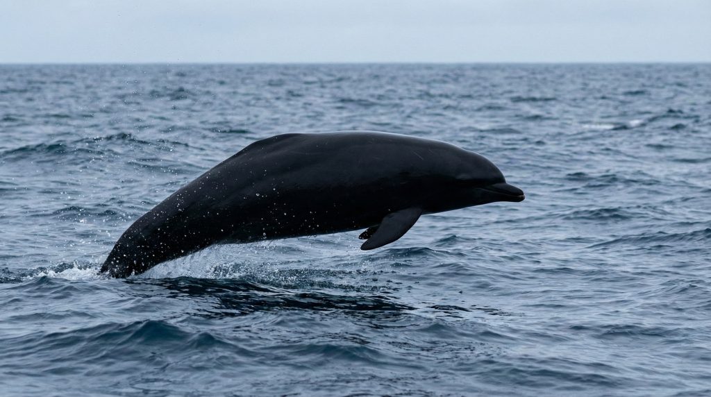 Profil d'un Dauphin du Nord bondissant, sans nageoire dorsale