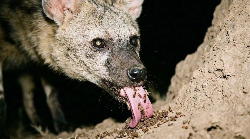 Protèle se nourrissant de termites la nuit