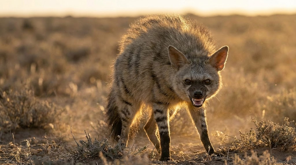 Protèle en posture défensive avec sa crinière hérissée