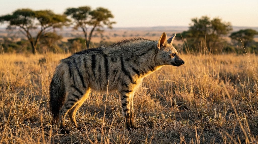 Protèle de profil montrant sa crinière et ses rayures verticales
