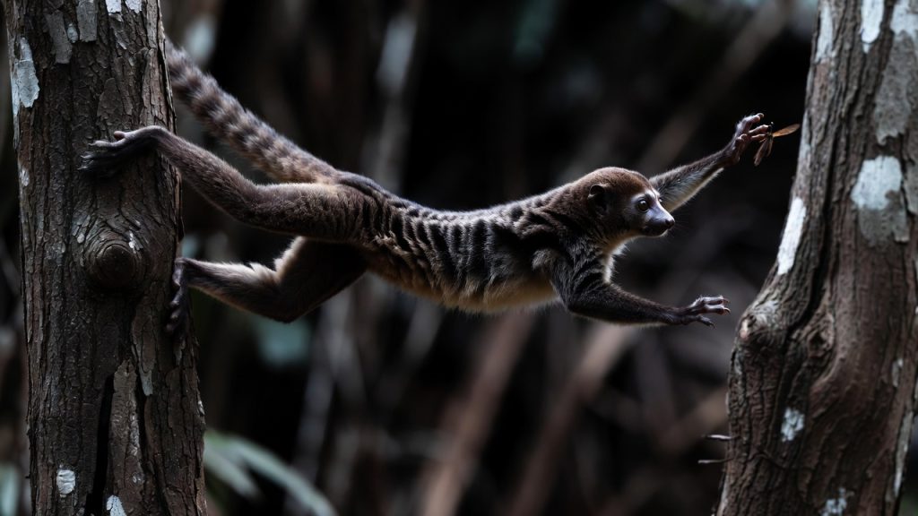 Tarsier de Diana bondissant pour attraper un insecte