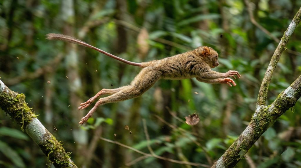Tarsier spectre bondissant entre deux arbres, montrant ses pattes arrière très longues.