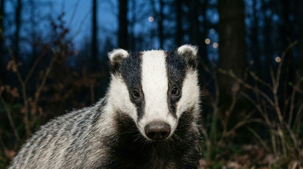 Tête de blaireau européen de face montrant ses deux rayures noires longitudinales.