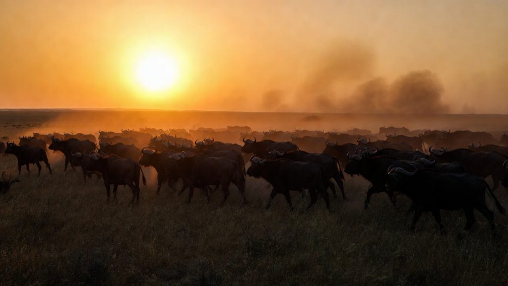 Troupeau massif de buffles d'Afrique en migration dans la poussière.