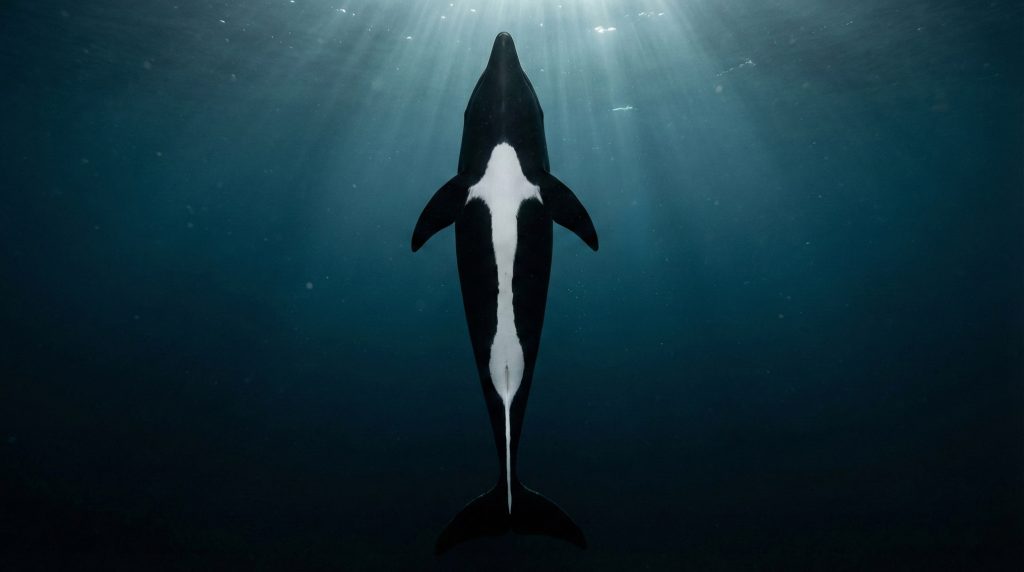 Vue ventrale d'un Dauphin du Nord montrant sa tache blanche en forme d'ancre.