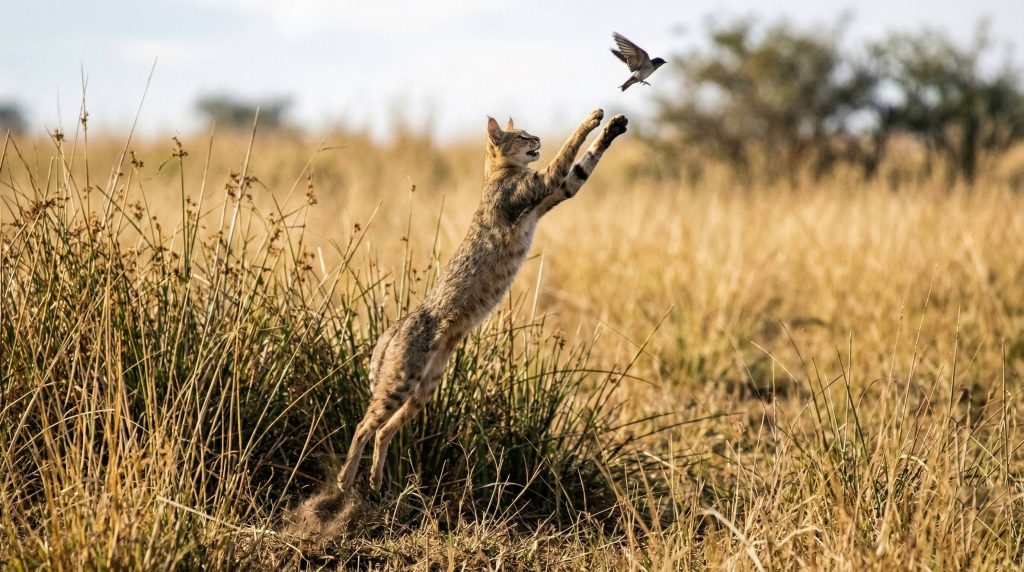 Chat des marais effectuant un bond vertical pour capturer un oiseau