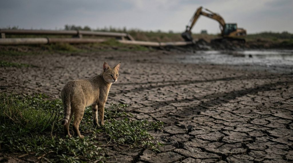 Chat des marais devant une zone humide récemment asséchée par des engins agricoles