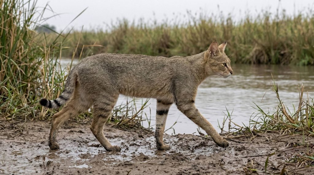 Chat des marais marchant sur la vase, mettant en évidence ses longues pattes.