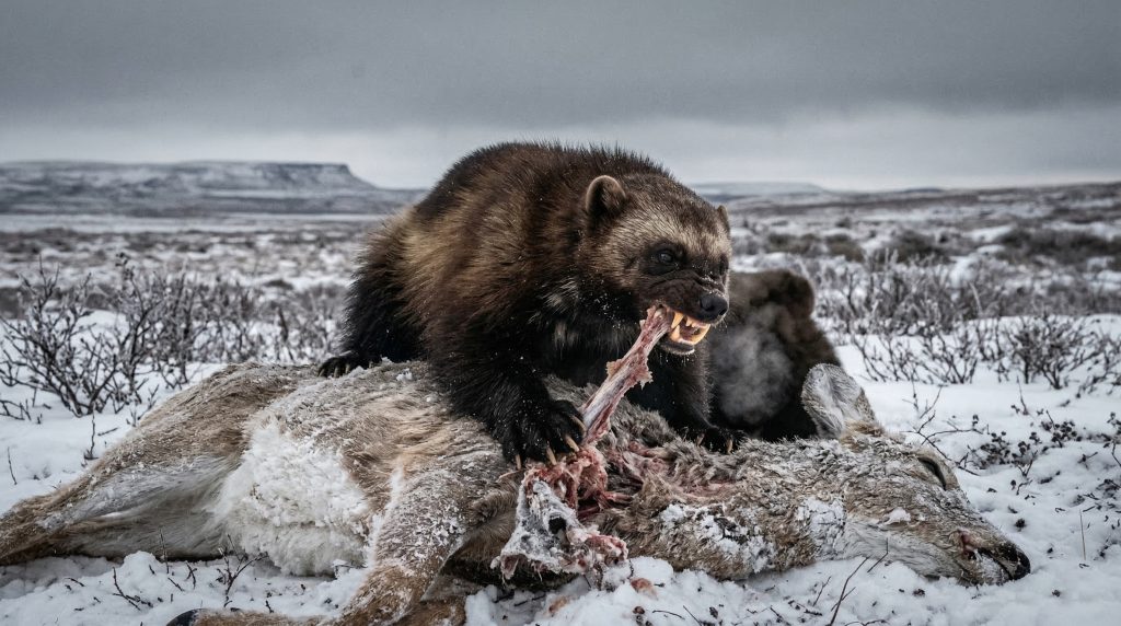 Glouton arrachant de la viande gelée sur une carcasse de cervidé dans la toundra.