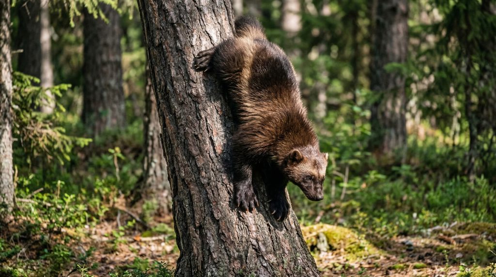 Glouton descendant tête la première du tronc d'un vieux pin dans la taïga