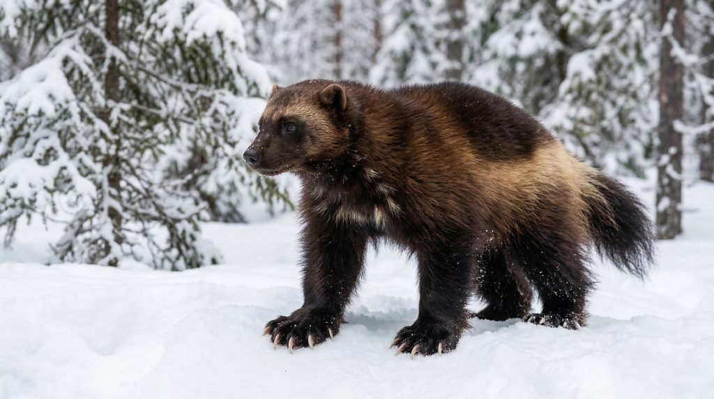 Glouton marchant sur la neige poudreuse montrant ses pattes larges en forme de raquettes.