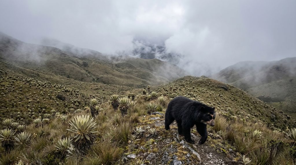 Ours à lunettes solitaire marchant dans les prairies brumeuses du páramo andin.