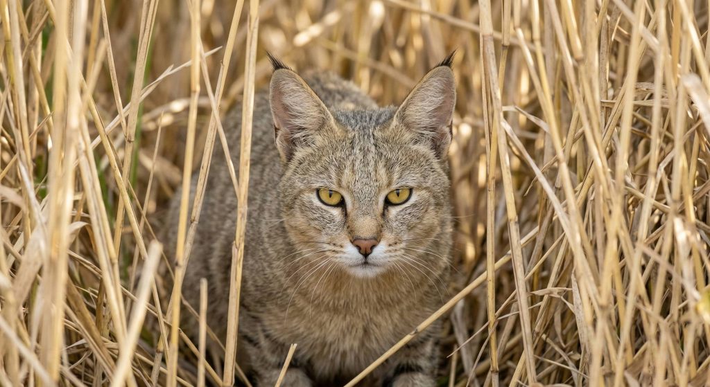 Tête d'un Chat des marais montrant ses pinceaux auriculaires noirs camouflé dans les roseaux.