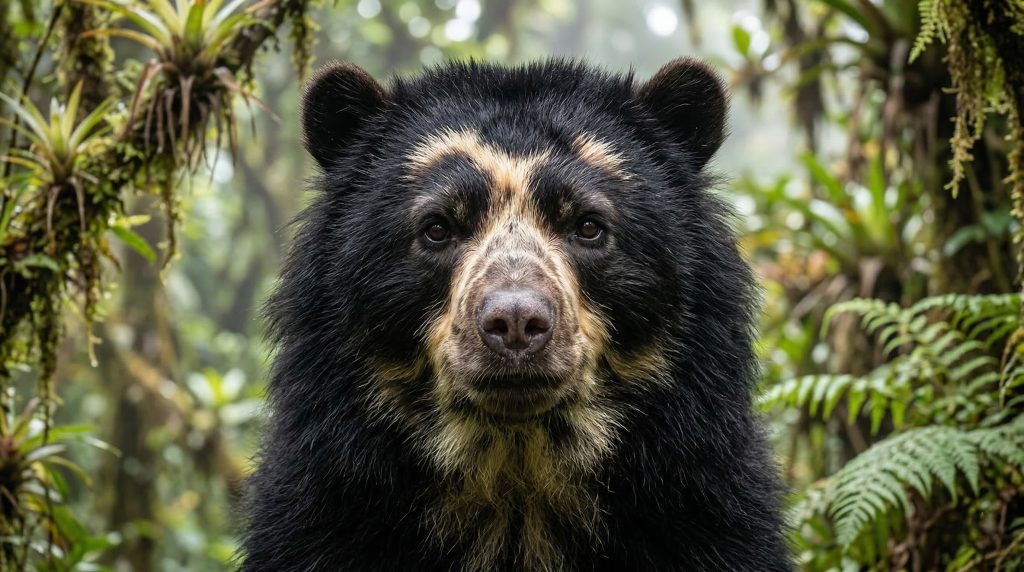 Tête d'Ours à lunettes montrant ses marques faciales distinctives en forme d'anneaux clairs.
